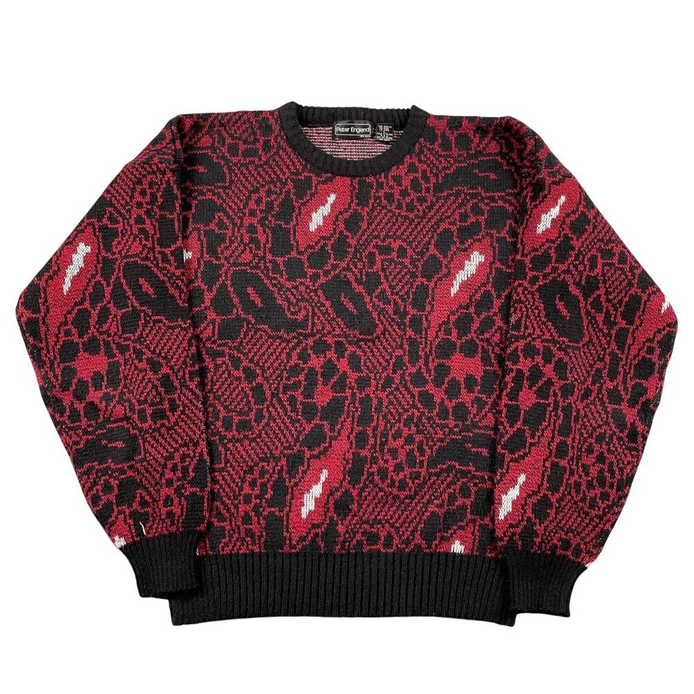 VTG Peter England‎ Sweater Mens Large Red Black Geometric Wool Blend Pullover
